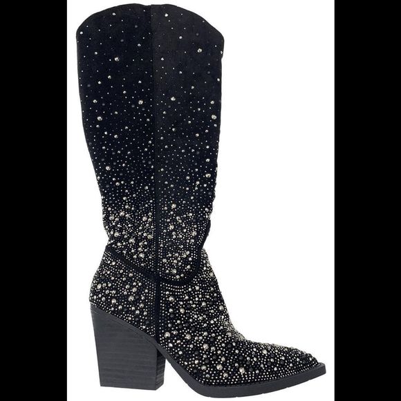 Very G Women's Blaze Medium Calf Tall Boots Black Rhinestones - Medium - Picture 1 of 2